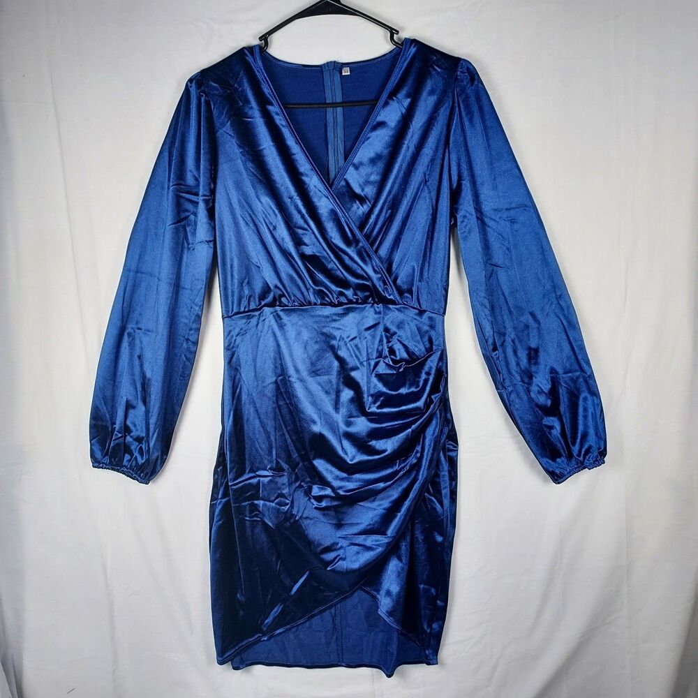 Yajedo Satin V-Neck Dress Size Medium Blue Party/Cocktail Long Sleeve New